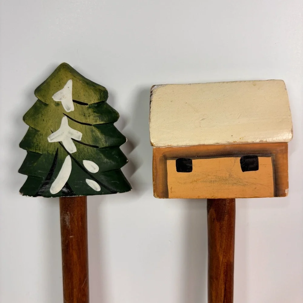 Cozy Cabin & Pine Tree Wood Serving Utensils Spoon & Fork Hand Painted Rustic